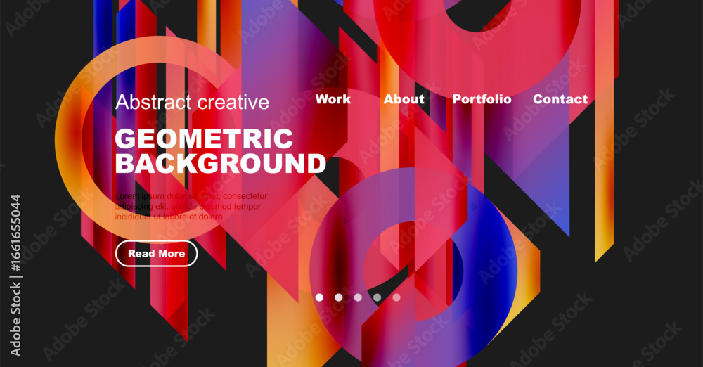 Poster abstract geometric design. vibrant colors, shapes create dynamic background. website header includes