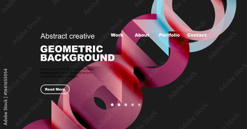 Poster dark website mockup features colorful abstract shapes, text elements, navigation menu. modern design