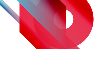 Abstract design features overlapping red shapes, blue accent. Modern composition, gradients create depth, minimalist aesthetic. Clean lines, vibrant colors.