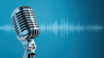 Vintage Microphone with Sound Waves on a Blue Background