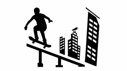 Fototapeta premium Silhouette of skateboarder riding on rail with cityscape in background in monochrome illustration