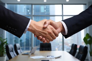 A close up of a handshake between two business people in a modern office setting view out