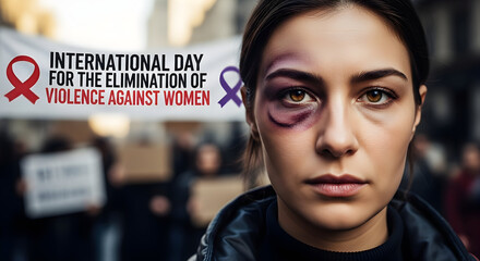 Close-up of a woman with a bruise on her face. Text: "International Day for the Elimination of Violence Against Women, November 25".
