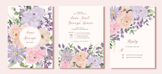 wedding invitation card set with purple pink floral watercolor background
