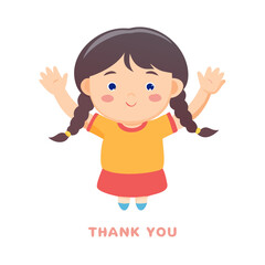 A pigtail girl is raising hands for thank you, character illustration, PNG.