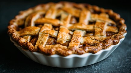 Delicious homemade pie with lattice crust in a white dish