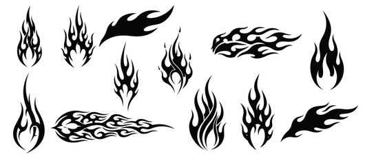 A dynamic collection of stylized black tribal flame graphics, showcasing a variety of sharp, flowing designs suitable for tattoos and decals.