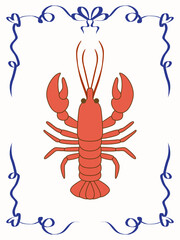 Vintage Lobster Illustration. Graphic Retro Style Sea Food Animal Art. Cafe Restaurant Menu Print. Mediterranean Coastal Life Style. Ocean Resort Travel Vacation Holiday Decoration. Lace Border Frame
