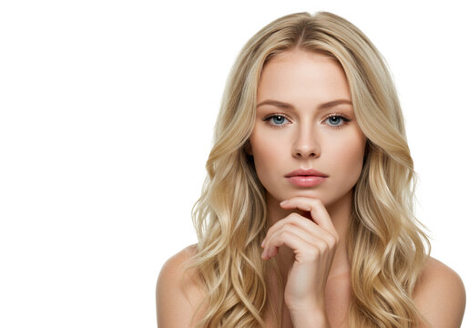 Closeup portrait young woman long wavy blond hair smooth skin minimal makeup soft lighting plain transparent background beauty fashion cosmetics healthcare website magazine advertisement social media