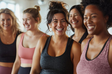 Diverse Women Exercising Together in Bright Studio, Promoting Inclusive Fitness and Body Positivity