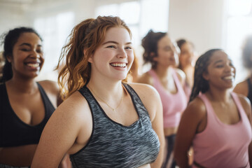 Diverse Women Exercising Together in Bright Studio, Promoting Inclusive Fitness and Body Positivity