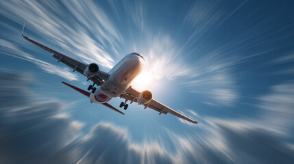 Dynamic Airplane in Flight Overhead with Dramatic Cloud Background