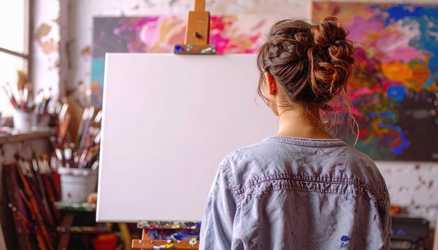 Female artist contemplating blank canvas in art studio: inspiration and creativity - Powered by Adobe