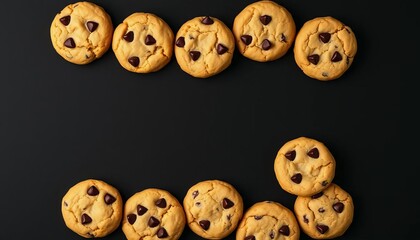 Obraz premium Golden-brown chocolate chip cookies arranged in a frame against a stark black backdrop, chewy, rustic