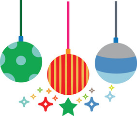 Three colorful Christmas ornaments with sparkling stars on white background decoration holiday