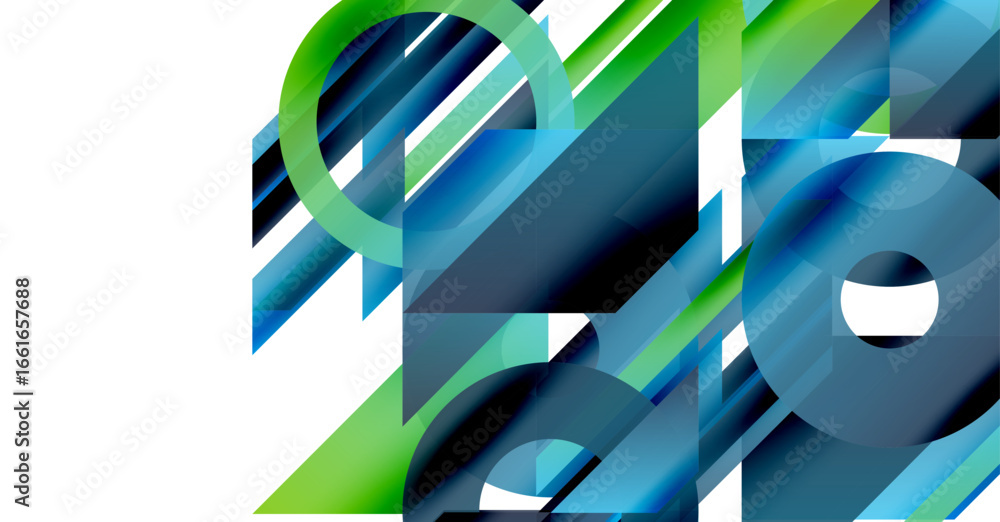 Poster abstract geometric composition. blue, green shapes overlap, creating dynamic visual effect. modern d