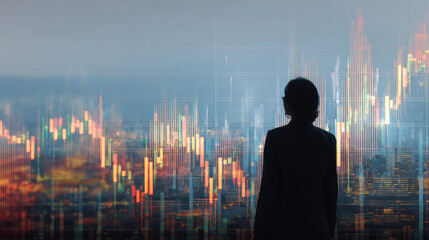 Business Professional Analyzing Stock Market Trends Against City Skyline