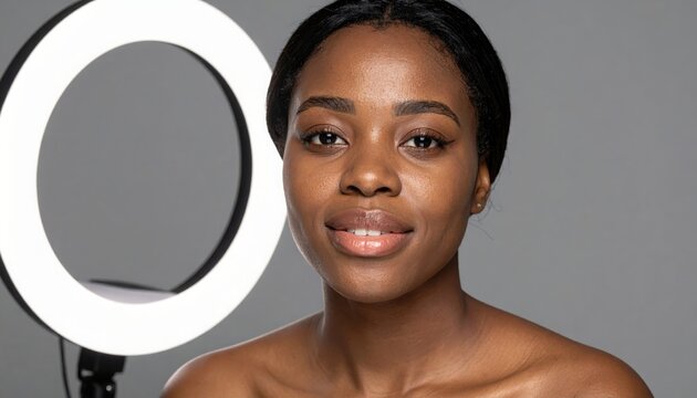 Young woman smiling with a ring light during makeup tutorial
