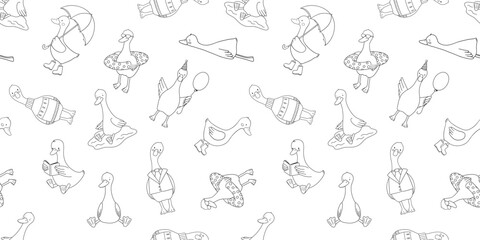 Seamless line pattern with cute goose. Vector outline monochrome repeat design on white background for kids and nursery