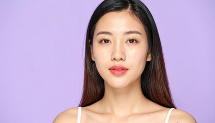Fototapeta premium Young asian woman showing gradient lipstick on purple background