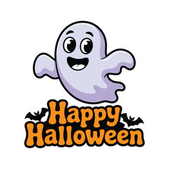 Festive Halloween Ghost Cartoon Design with Spooky Happy Halloween Typography and Bat Accents for a Cheerful Holiday Theme