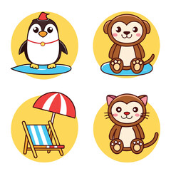 Obraz premium Adorable Cartoon Animals Summer Vacation Set: Penguin Surfing, Monkey, Cat, Beach Chair, Umbrella; Cheerful, Playful, Childlike Style; Perfect for Kids' Products, Websites, and Summer-Themed Designs.