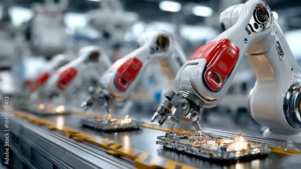 Poster precision assembly: industrial robots meticulously working on an automated production line in a mode