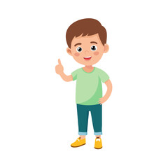 kid boy stand with thumb up, vector character child smiling face