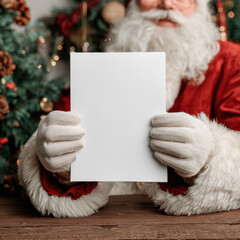 Santa Claus Holding Blank Paper in Festive Holiday Setting