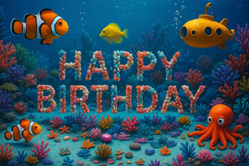 "Happy Birthday" inscription. Birthday decorations. Birth. Celebrating the day. The most important day of the year. Child's birthday. Birthday party and gifts. Toys and sweets. Underwater life.