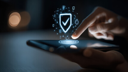 Digital Security Concept with Touchscreen Finger and Shield Symbol