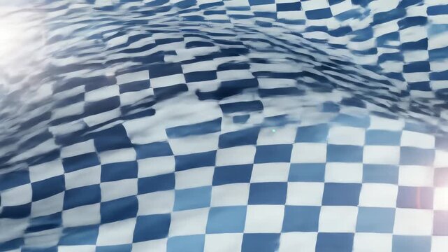 Close-up view of a checkered flag waving, depicting Oktoberfest's racing theme, with blue and white color tones against a bright background, in a dynamic, abstract style.