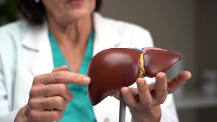 A doctor in a lab coat holds a model liver pointing to the top showcasing liver anatomy