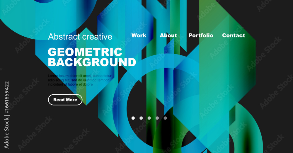 Poster abstract website header design. turquoise, black shapes create dynamic background. text elements pre