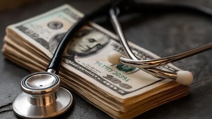 A stethoscope is on top of a stack of US dollars. The stethoscope is black and silver. Stethoscope wrapped around stack of dollar bills, conceptual healthcare finance,medicaid, dark muted tone - Powered by Adobe