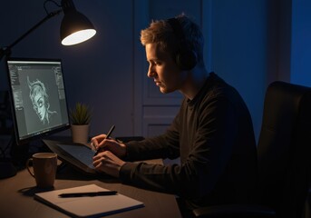 Fototapeta premium Digital Artist Working Late at Night