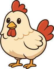 A cute yellow baby chicken or cartoon chick stands on an isolated farm background