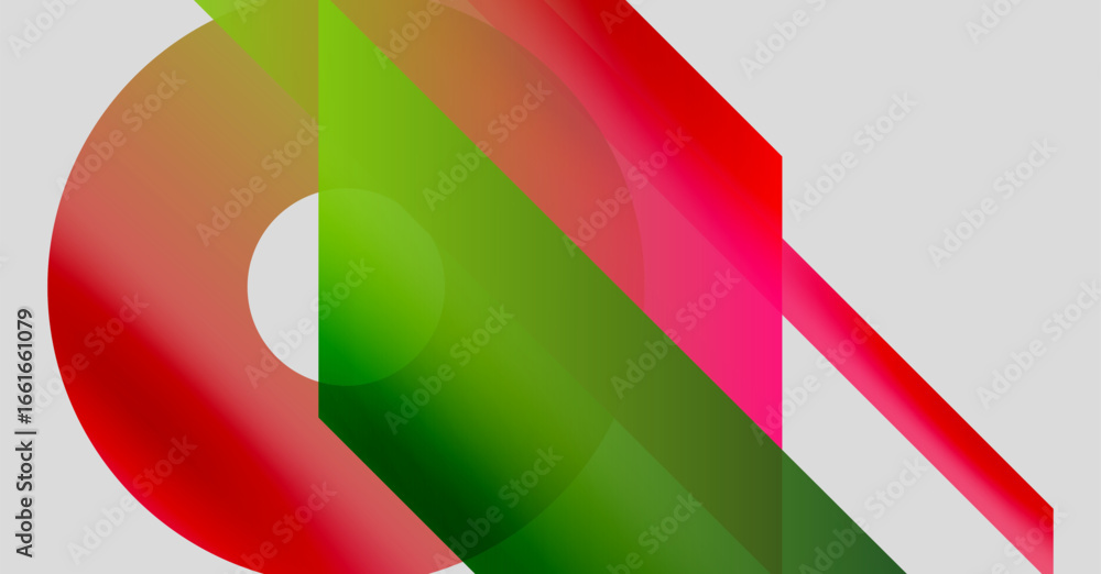 Poster abstract composition featuring vibrant red, green hues. overlapping shapes create dynamic visual int