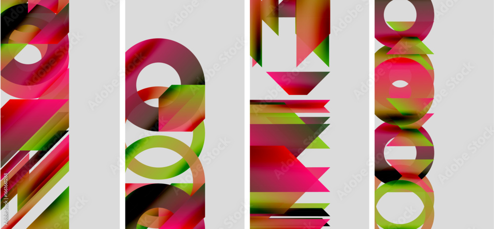 Poster abstract artwork features colorful geometric shapes. panels display overlapping lines, circles, rect