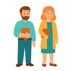 Flat cartoon vector of male and female teachers standing with books in hands isolated.