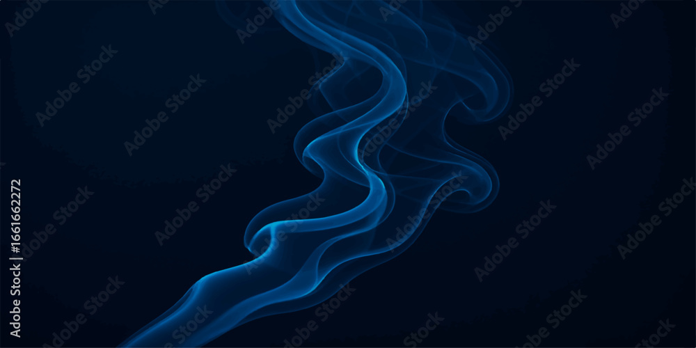 Poster smooth flowing curves of blue smoke and light create an artistic pattern against a dark background
