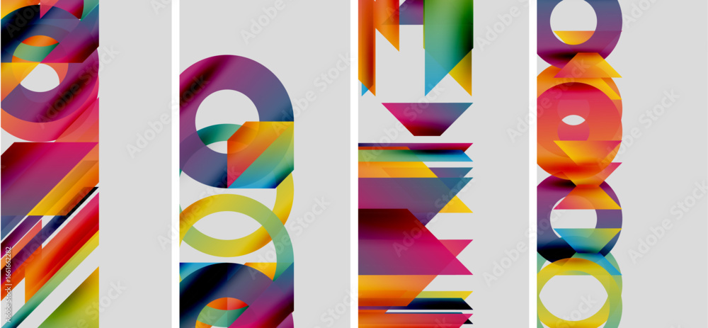 Poster abstract colorful geometric shapes, stacked vertically. bright hues blend, creating dynamic visual i