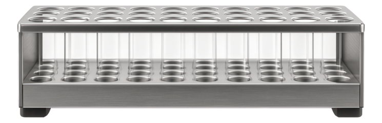 Rack with multiple slots for holding and organizing test tubes during experiments.