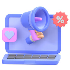 Digital Campaign Promotion: A visually engaging illustration of a laptop, with a hand holding a megaphone, a discount tag, and a heart, symbolizing online promotion.