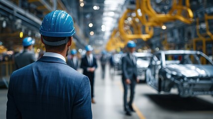 Rear View of Business Professional in Suit and Hard Hat at Auto Manufacturing Facility Assembly Line with Car Bodies and Industrial Machinery