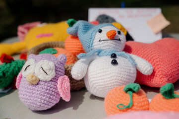 collection of crochet plush toys. handmade soft toys