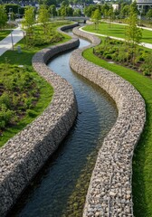 Obraz premium Winding waterway through landscaped park