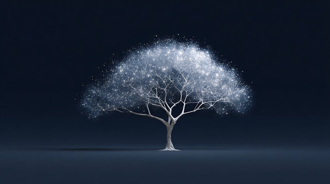 tree on black background, A glowing tree-shaped mind map stands out against a dark background with a surreal atmosphere.