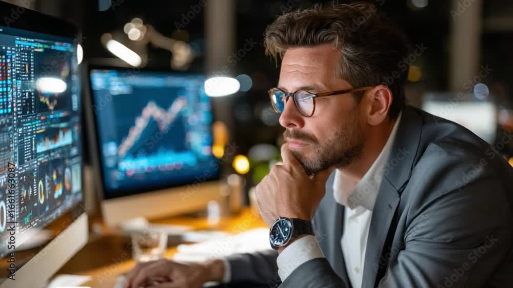 Poster dedicated decision maker at desk: a focused individual in a suit intently analyzes financial data, s