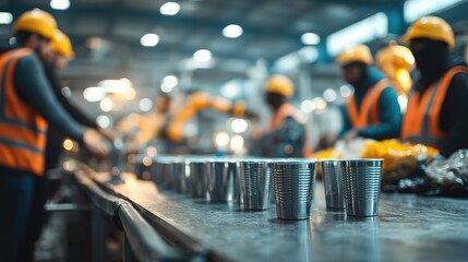 Stainless Steel Cups on Factory Production Line with Industrial Workers in Safety Vests Hard Hats and Robotic Arms
